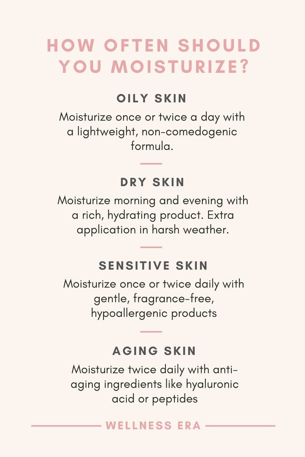 How Often Should You Moisturize?” - 1. Oily Skin: Moisturize once or twice a day with a lightweight, non-comedogenic formula. - Avoid over-cleansing to prevent dehydration, which can trigger excess oil. - 2. Dry Skin: Moisturize morning and evening with a rich, hydrating product. - In harsh weather (cold or dry), add an extra application if needed. - 3. Sensitive Skin: Moisturize once or twice daily with gentle, fragrance-free, hypoallergenic products. - This soothes irritation and strengthens your skin barrier. - 4. Aging Skin: Moisturize twice daily with anti-aging ingredients like hyaluronic acid or peptides. - Regular hydration supports elasticity and fights dryness.