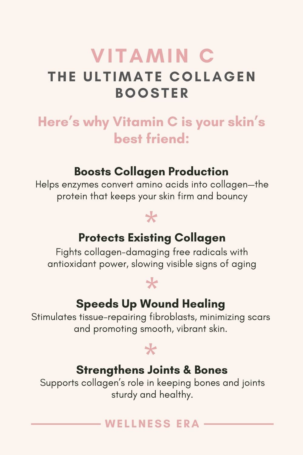 - [ ]  **Vitamin C: The Ultimate Collagen Booster** -**Here’s why Vitamin C is your skin’s best friend:**  **Boosts Collagen Production:**  - Helps enzymes convert amino acids into collagen—the protein that keeps your skin firm and bouncy.  **Protects Existing Collagen:**  - Fights collagen-damaging free radicals with antioxidant power, slowing visible signs of aging.  **Speeds Up Wound Healing:**  - Stimulates tissue-repairing fibroblasts, minimizing scars and promoting smooth, vibrant skin.  **Strengthens Joints & Bones:**  - Supports collagen’s role in keeping bones and joints sturdy and healthy.