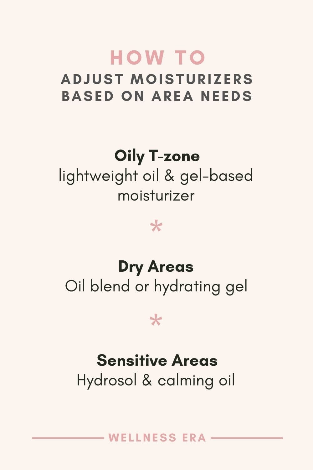 How to Adjust Moisturizers Based on Area Needs - Oily T-zone - lightweight oil & gel-based moisturizer - Dry Areas - Oil blend or hydrating gel - Sensitive Areas - Hydrosol & calming oil