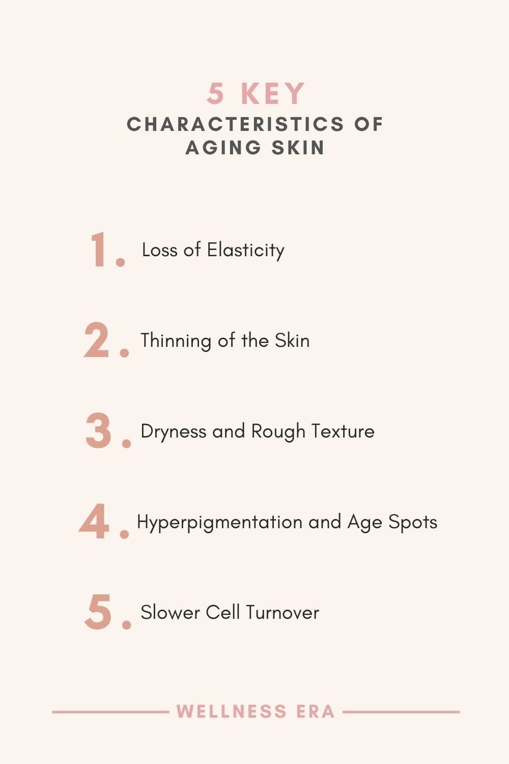 5 Key Characteristics of Aging Skin: Loss of Elasticity - Thinning of the Skin - Dryness and Rough Texture - Hyperpigmentation and Age Spots - Slower Cell Turnover
