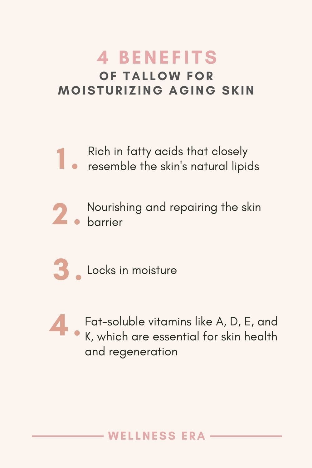 Benefits of Tallow for moisturizing aging skin - Rich in fatty acids that closely resemble the skin's natural lipids - Nourishing and repairing the skin barrier - Locks in moisture - Fat-soluble vitamins like A, D, E, and K, which are essential for skin health and regeneration