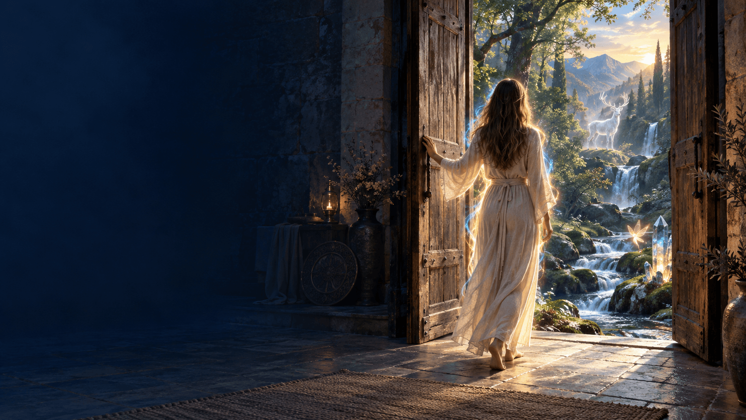 Femme ouvrant une porte vers les mondes invisibles — Essence de l’Être, par Sébastien Réal