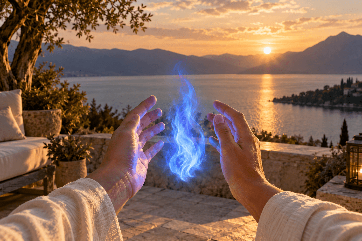 Deux mains accueillant une flamme bleue lumineuse — volonté intérieure et intention de nettoyage énergétique