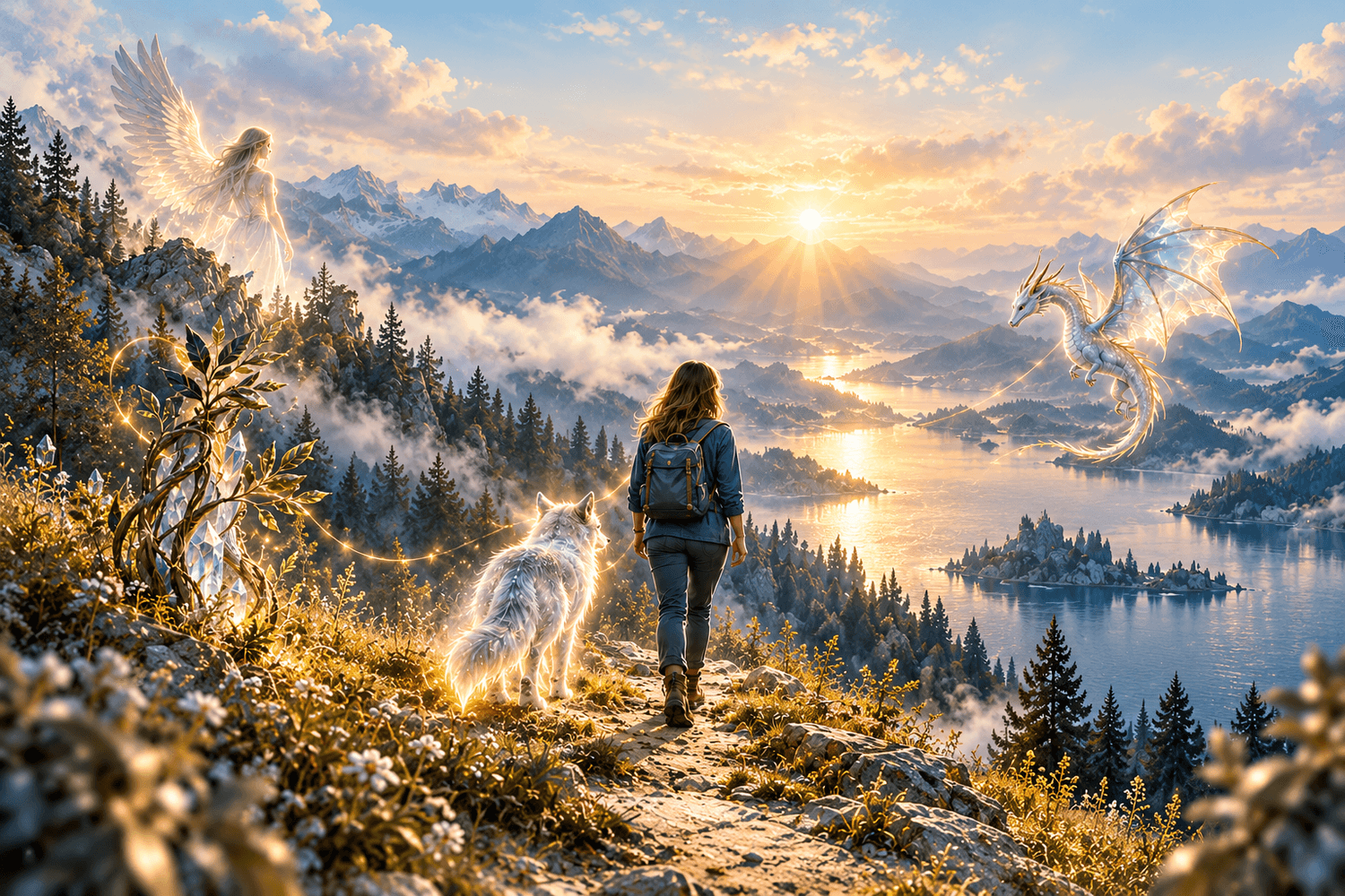 Illustration : une personne sur un chemin de montagne, accompagnée de présences lumineuses variées.