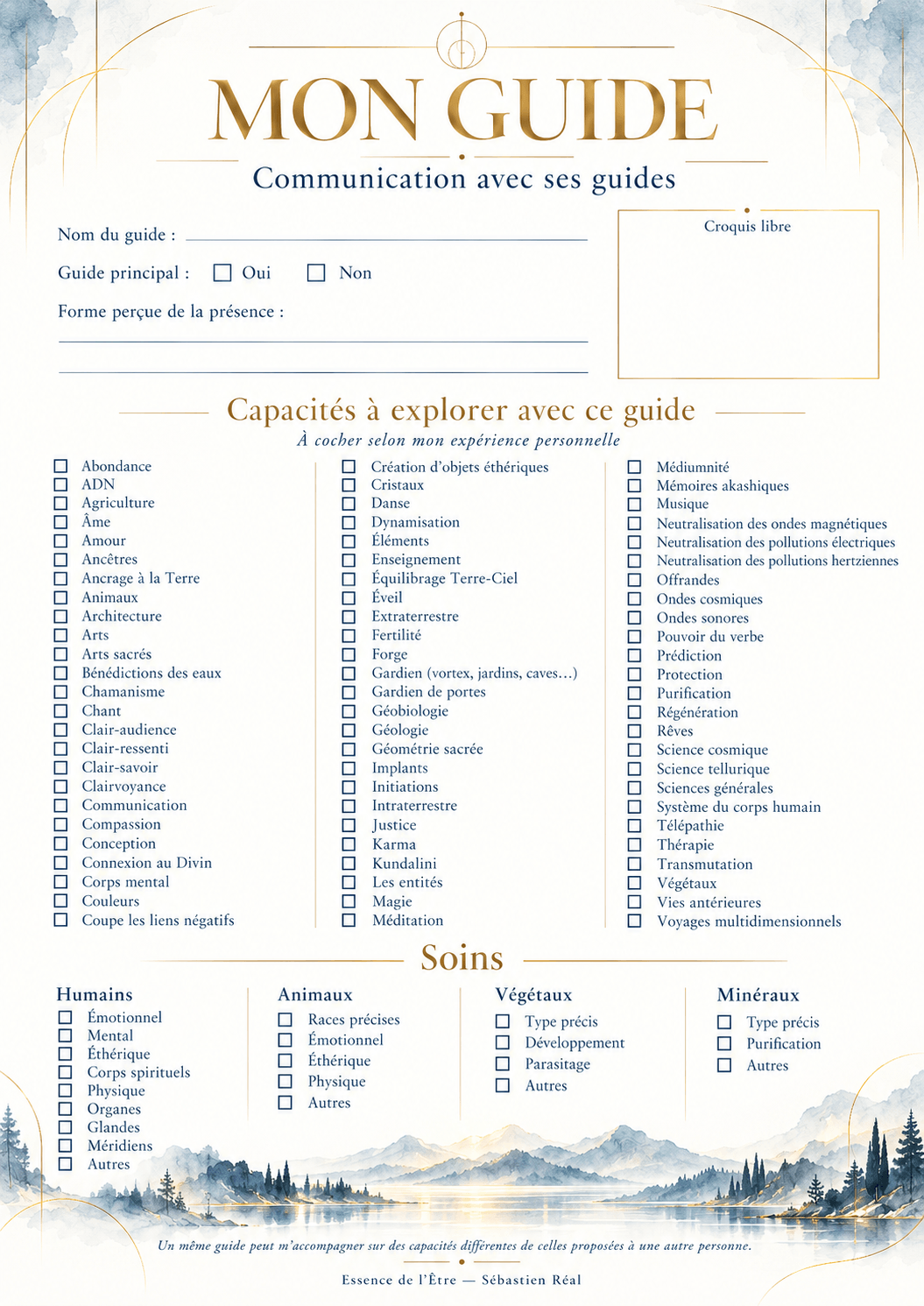 La fiche Mon guide : forme perçue, croquis et capacités à explorer.