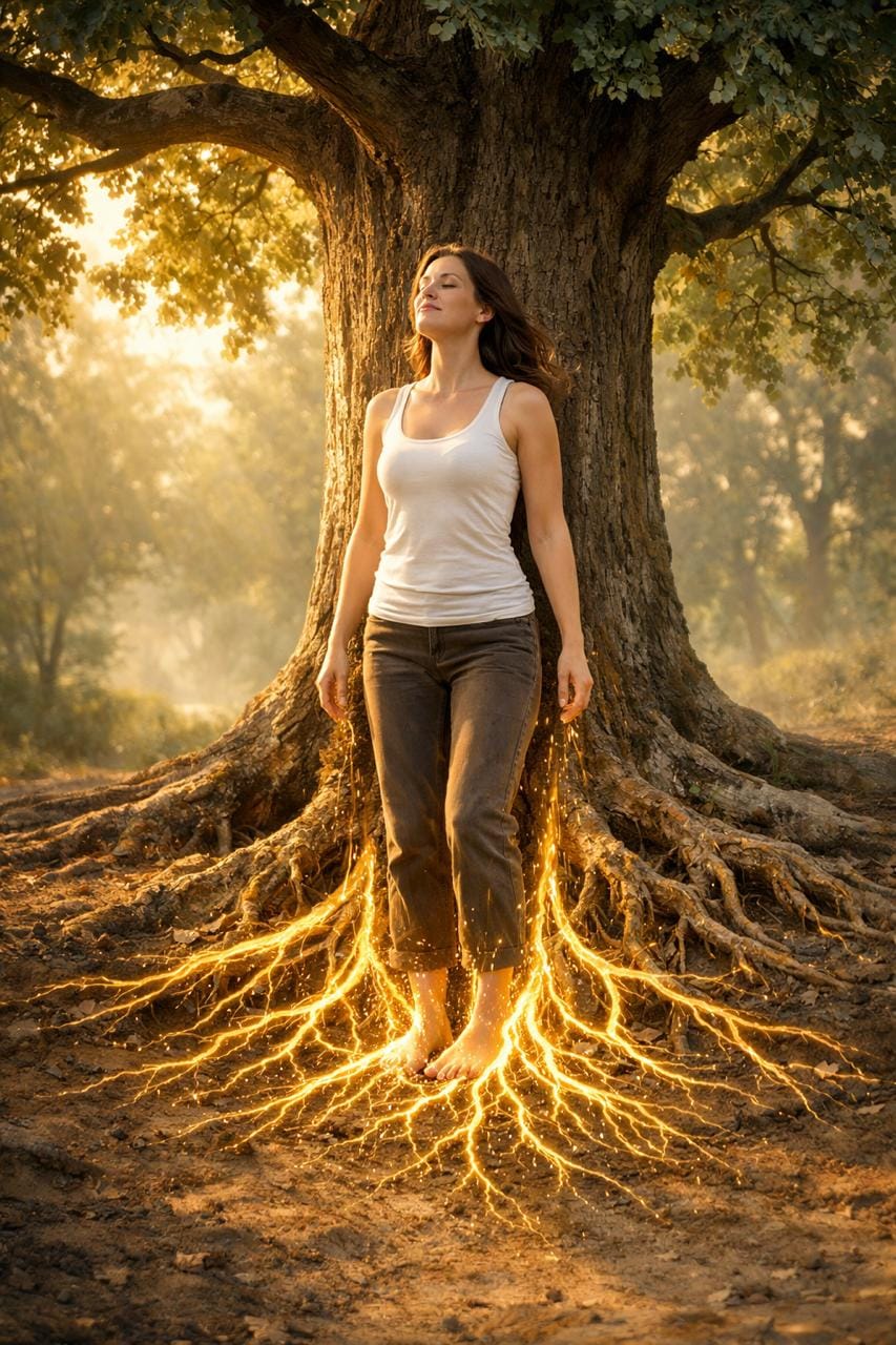 Frau verwurzelt am Baum