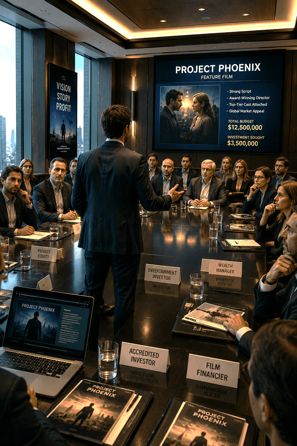 Film producer confidently reviewing a serious investor prospect list