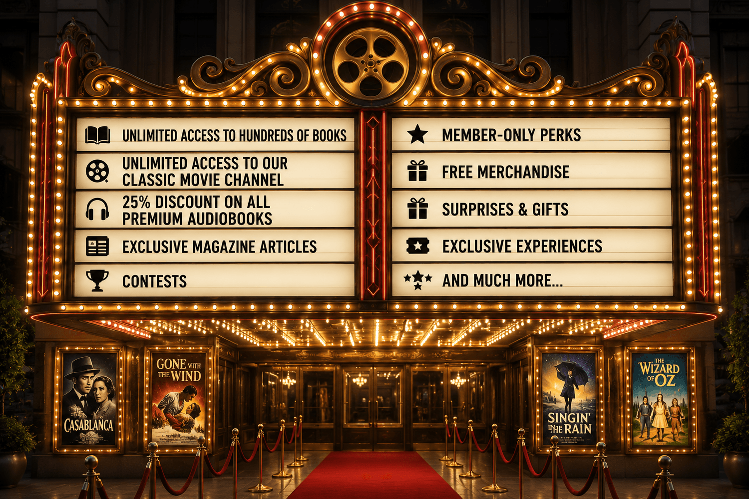 Cinema marquee displaying the many benefits included inside the Vault