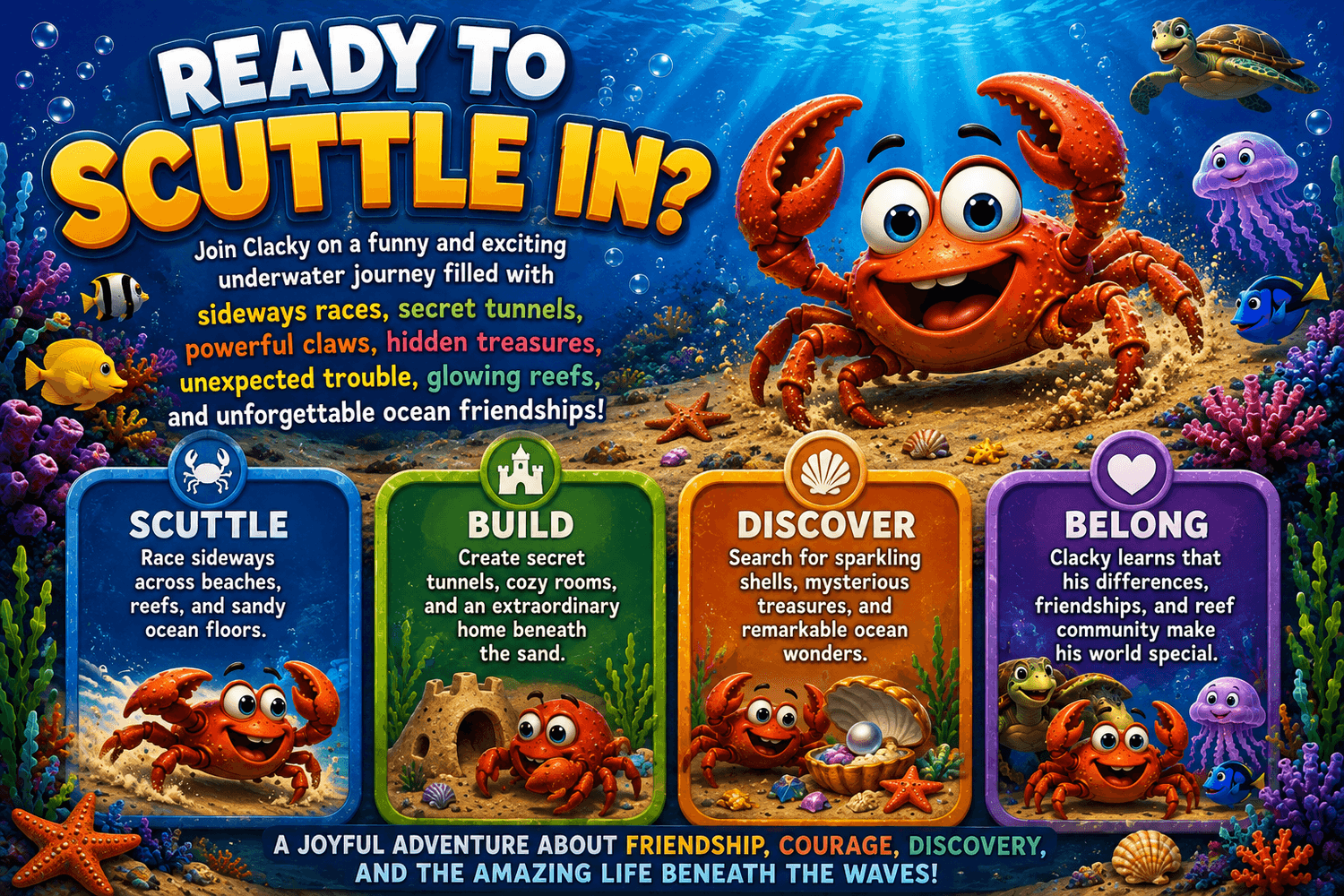 Clacky the Crab ready to scuttle into an ocean adventure