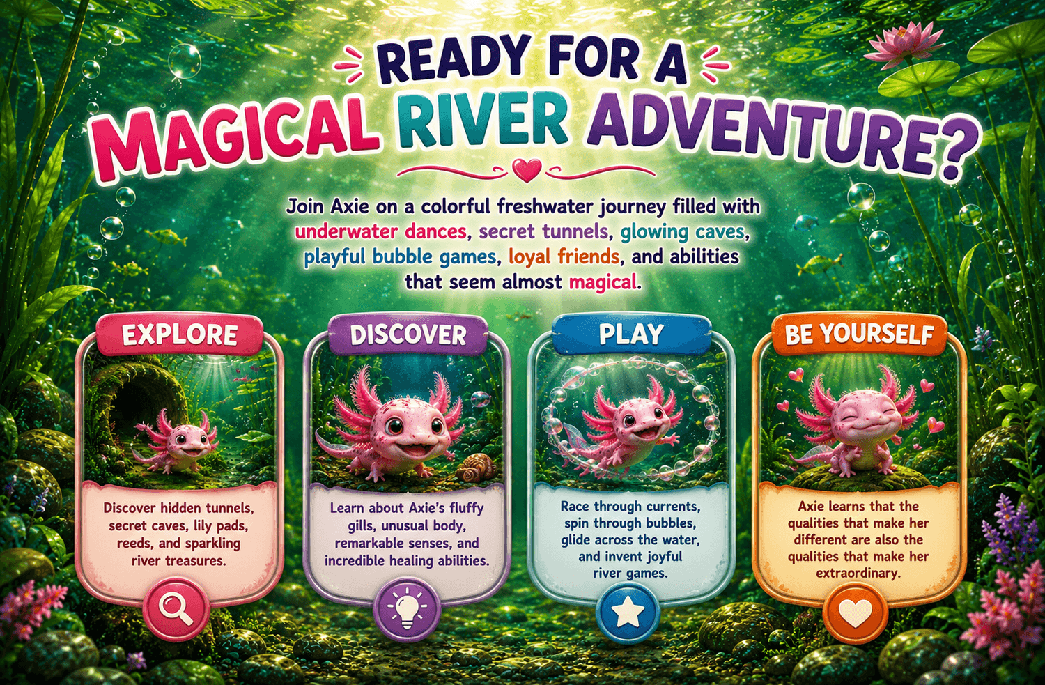 Axie the Axolotl ready for a magical river adventure