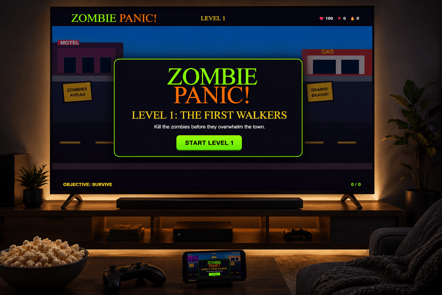 Zombie Panic arcade game playing on a television
