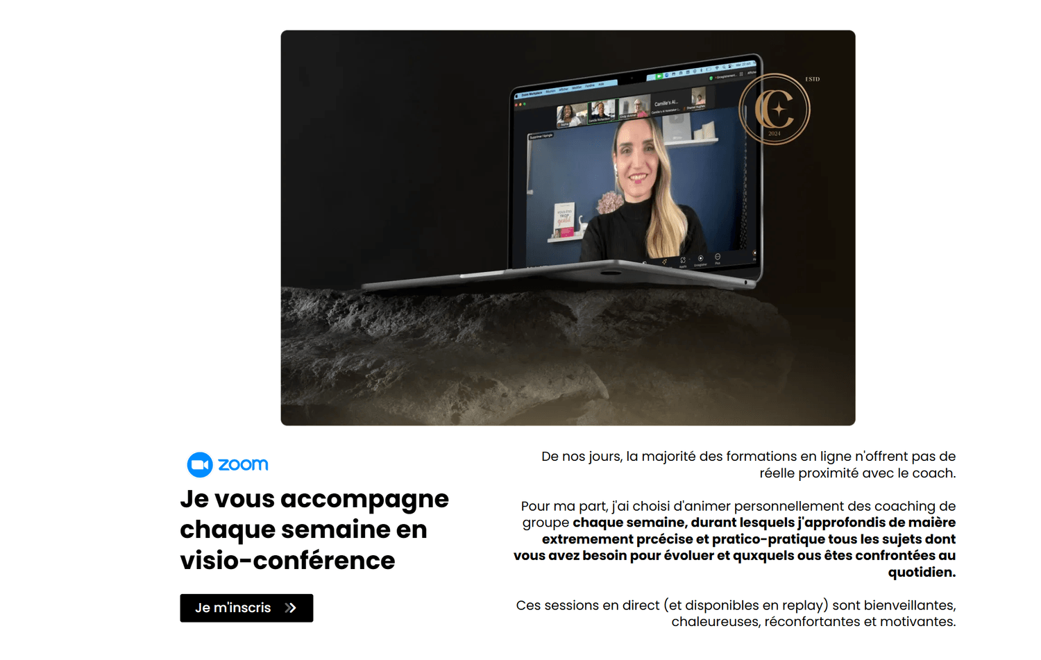 Charline en visioconférence de groupe sur Zoom, présentée dans un ordinateur portable sur une pierre sombre.