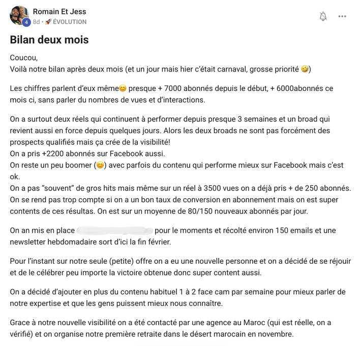 Romain & Jess — bilan 2 mois