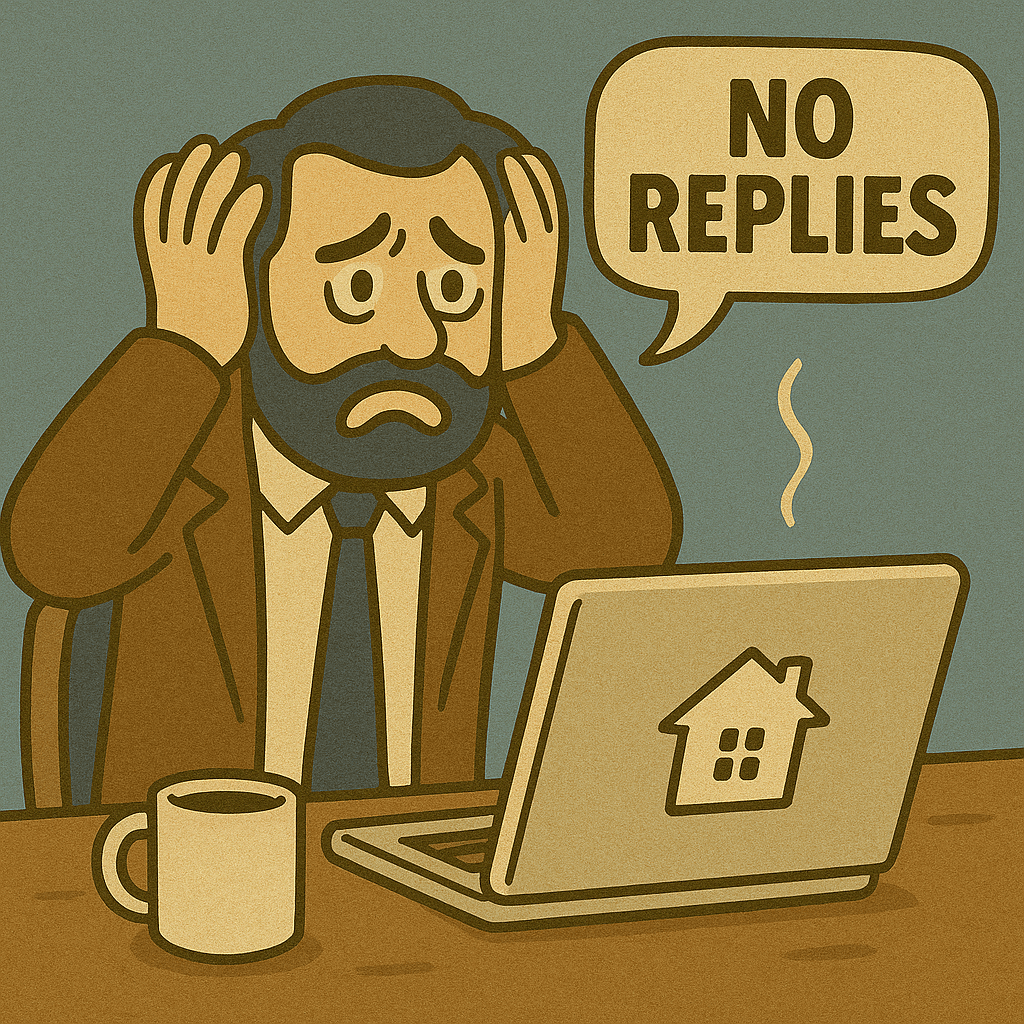 A frustrated real estate agent at a laptop with no responses in the style like before
