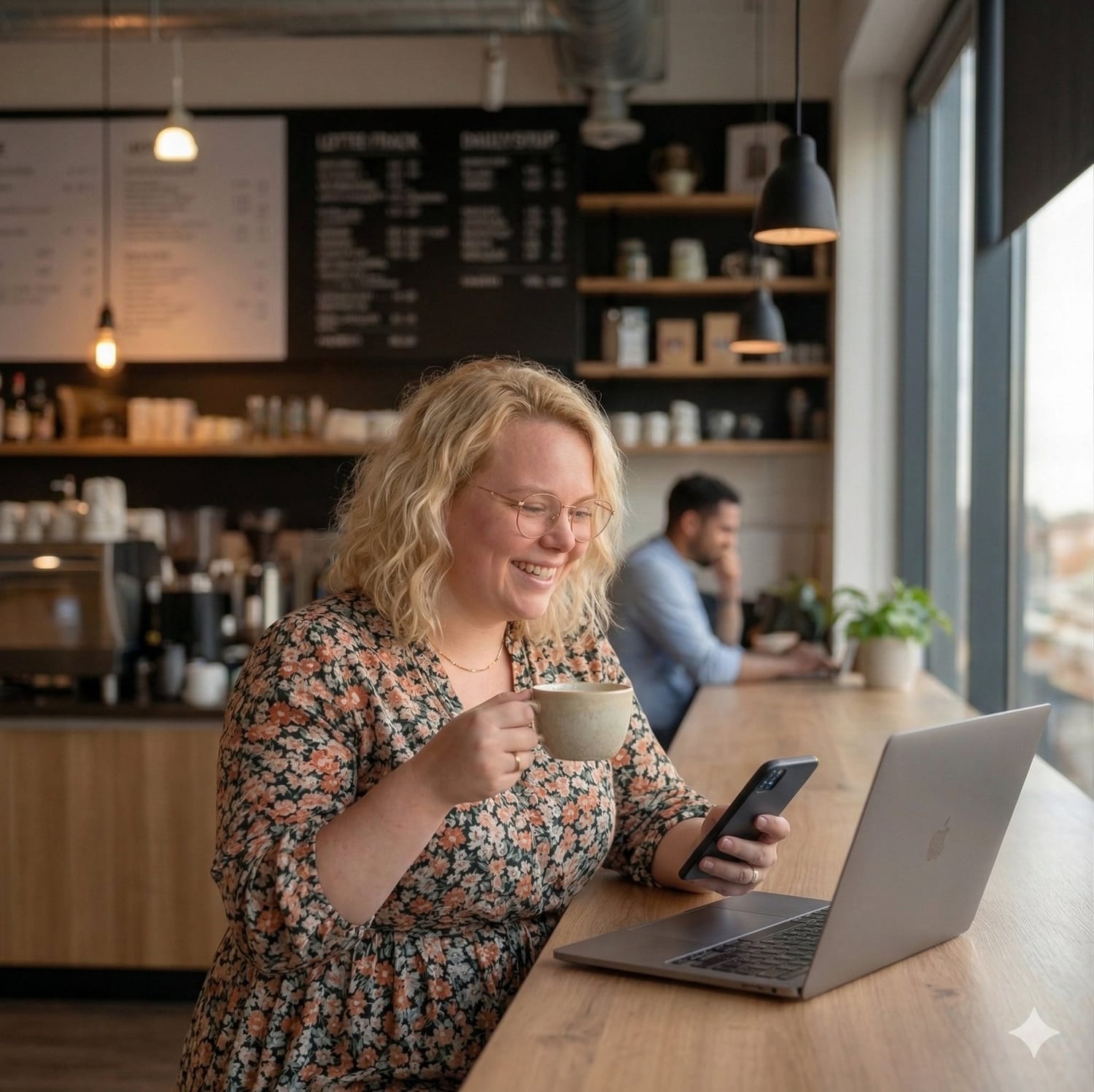 Frau mit Laptop und Handy im Café