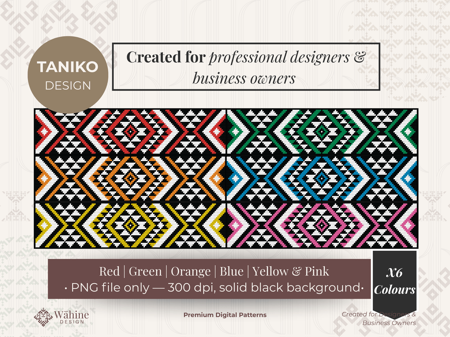Inspired by traditional weaving, these geometric designs celebrate whakapapa and balance. Perfect for fabric, branding, or creative projects that honour Māori artistry.