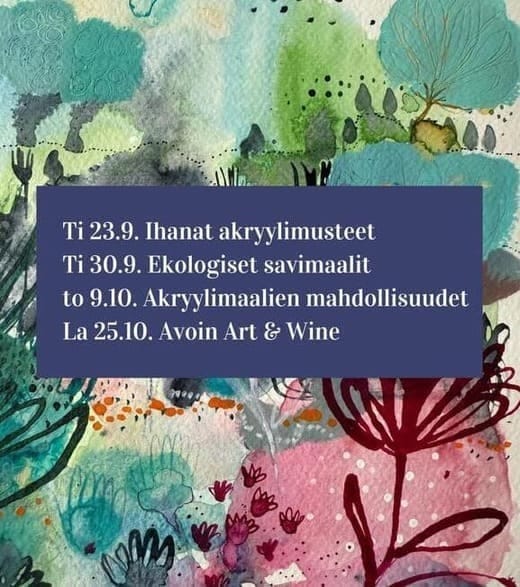Taidetyöpaja työporukalle sisältää kaikki taiteilijatarvikkeet. Ammattitaiteilija ohjaa ja tuo taiteilijatarvikkeet työpajaan työporukalle.  yhdessä tekemistä ja iloista rupattelua maalauksen lomassa.