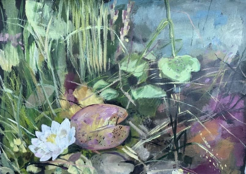 Teos on maalaus lumpeista ja rantavedestä. Akryylimaalaus lumppupaperille. Keäsinen taideteos