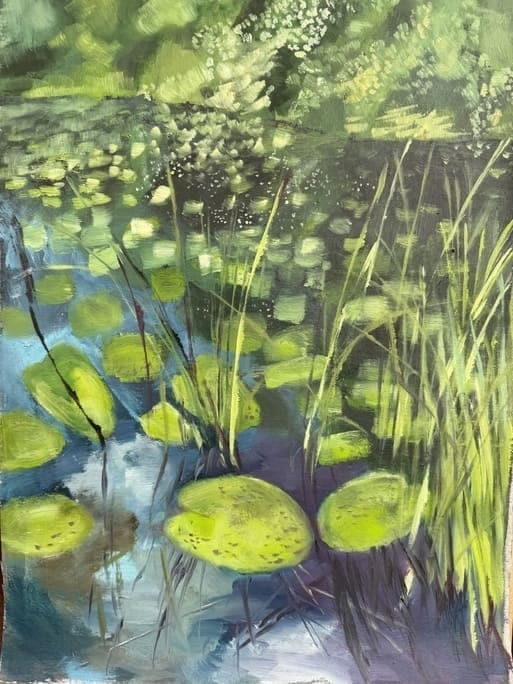 Akryylimaalaus lumppupaperille. lumppupaperi tuo pehmeän pohjan maalaukselle. Aiheena lumpeet rantavedessä kesällä. Lummelampi