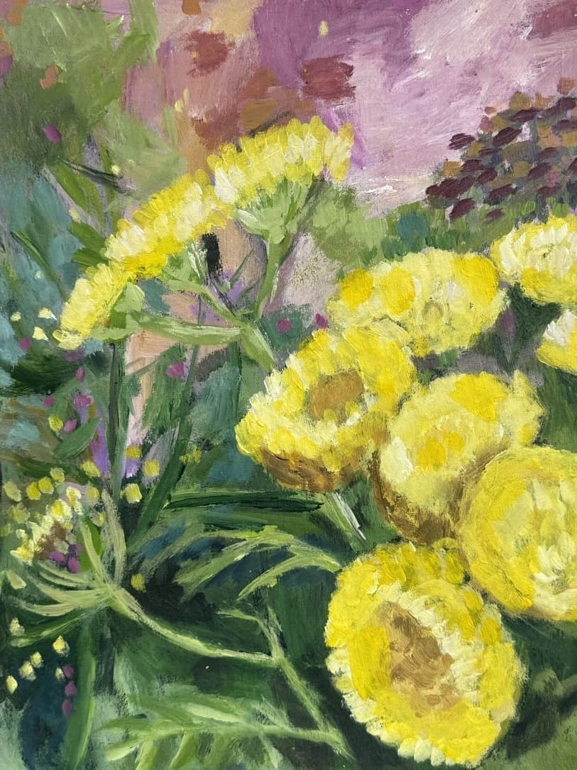 Akryylimaaleilla maalattu lähikuva pietaryrtin kukinnoista. Keltaiset jättimäiset kukat etualalla.