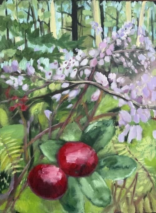 Metsämaisema, lähikuva puolukasta ja kanervista. maalattu akryyliväreillä kankaalle mustalle pohjalle