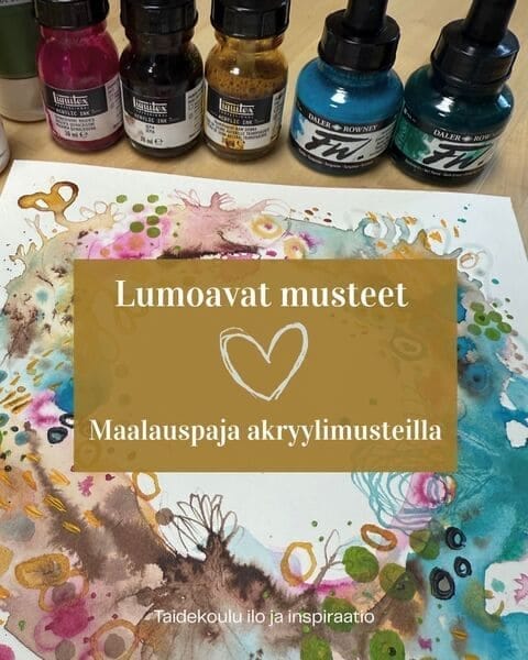 Lumoavat akryylimusteet -taidemaalaustyöpajassa maalataan värikkäillä musteilla akvarellipaperille. Musteet ihastuttavat kaikkia.