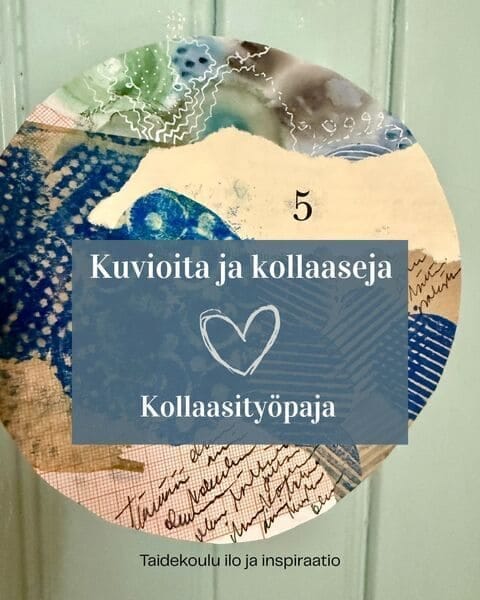 Kollasityöpajassa painetaan omia kuviopapereita ja rakennetaan niistä leikkaamalla, repimällä ja liimamalla omia kollaasiteoksia. Kollaasityöpajassa uppoutuu tekemiseen ja kaikki muu unohtuu.