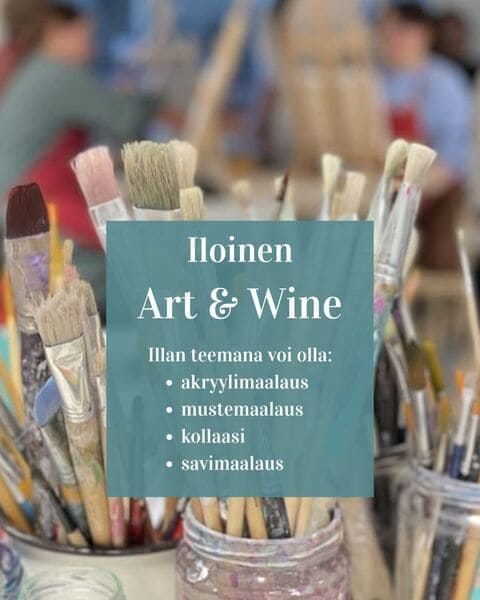 Taidetyöpaja sisältää kaikki taiteilijatarvikkeet. Ammattitaiteilija ohjaa ja opettaa. Sopii ystävä- tai työporukalle.  Taideilta on yhdessä tekemistä ja iloista rupattelua maalauksen lomassa.