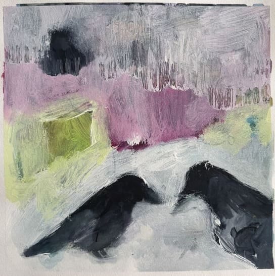 Kaksi varista tai tummaa lintua ovat ikäänkuin keskustelemassa, nokat vastakkain. Pastellisävyinen maalaus.