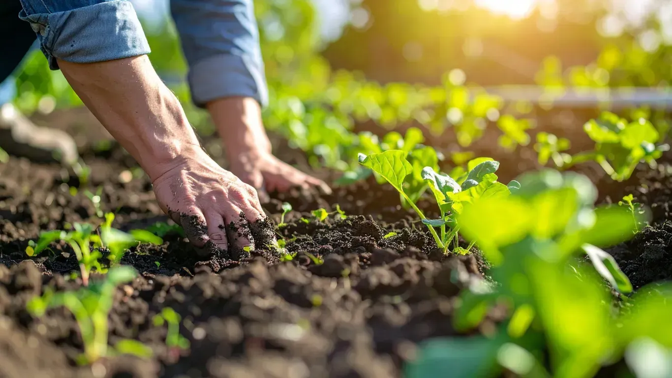 Mãos a trabalhar na terra, simbolizando a manutenção de terrenos e o trabalho manual necessário numa quinta.