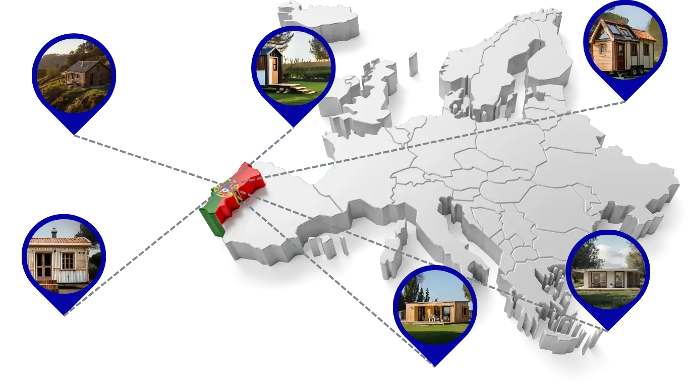 mapa de Portugal em destaque mostrando algumas fotos de tiny house em algumas regiões que mostra que é possível sim encontrar um lugar para colocar uma tiny house