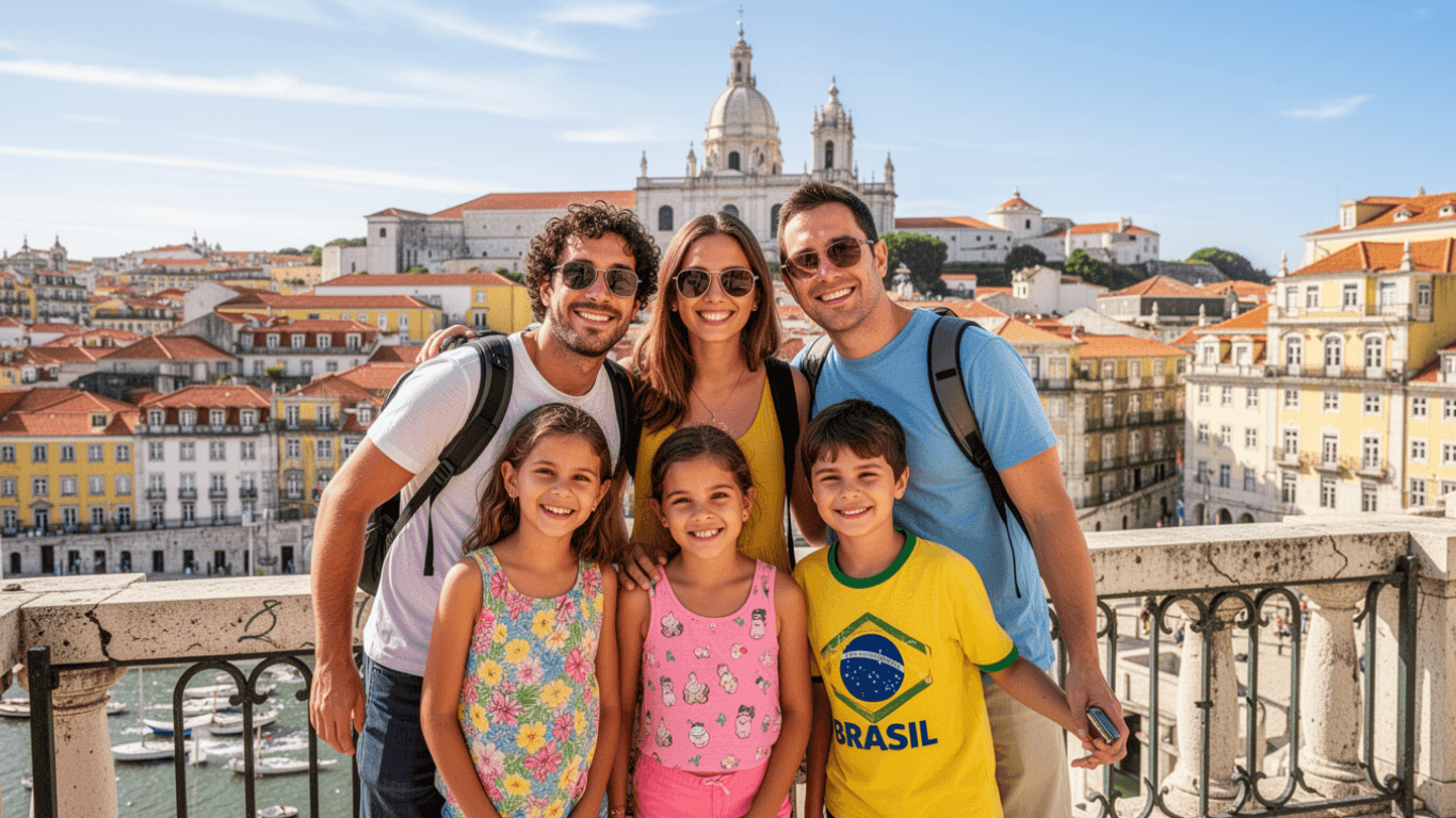 Grupo de brasileiros em passeio turístico em lisboa, Portugal onde se conectam com a cultura, história e gastronomia portuguesa.