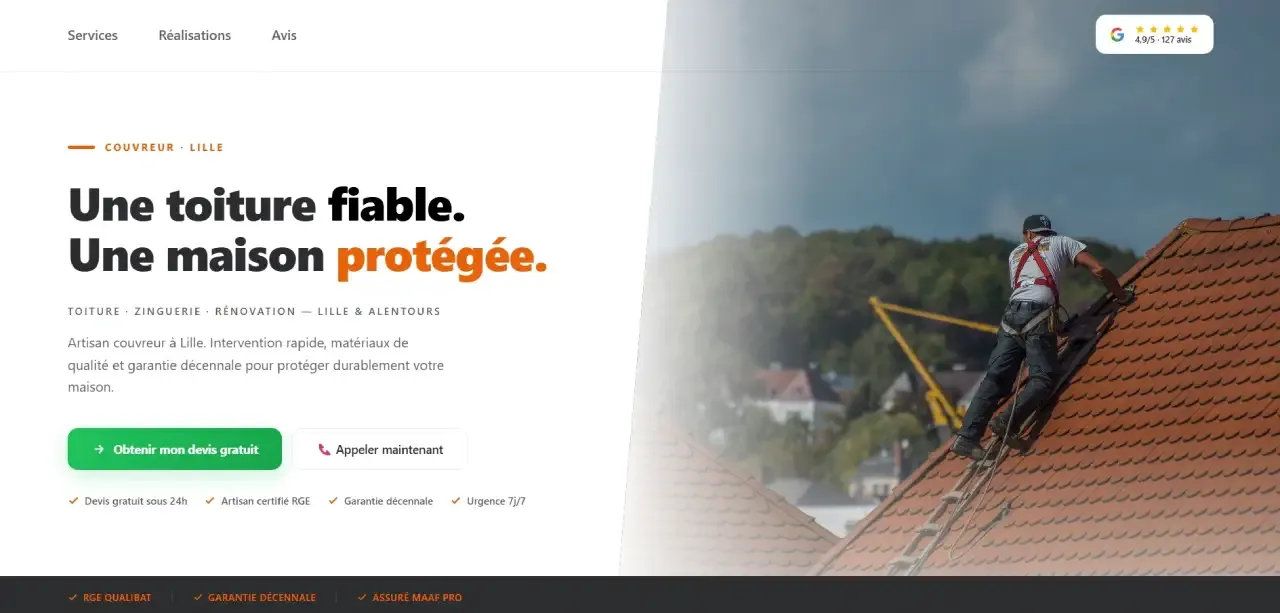 Exemple de page d'accueil livrée à un client couvreur
