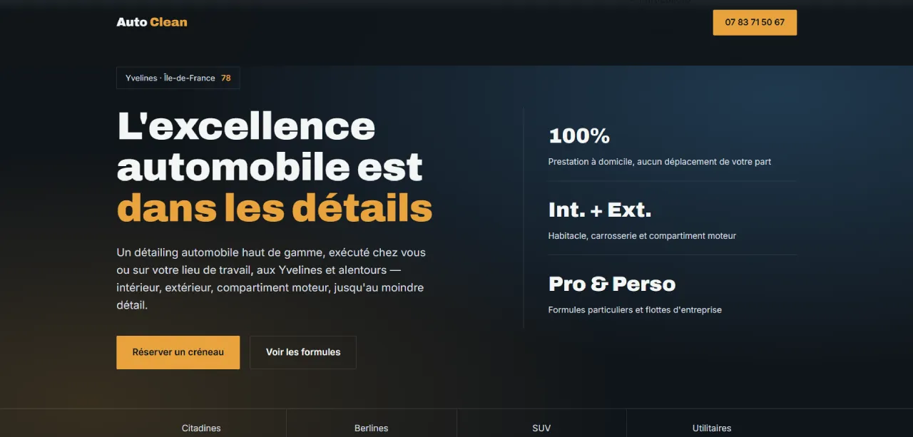 Exemple de page professionnelle réalisée pour un service de detailing automobile
