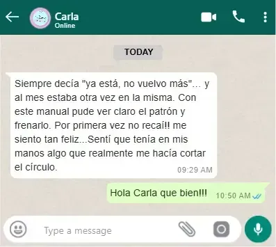 Testimonio real de lectora en WhatsApp