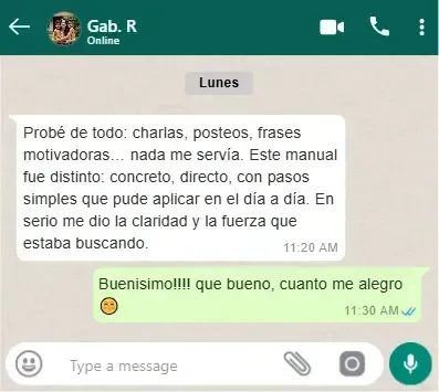 Testimonio real de lectora en WhatsApp