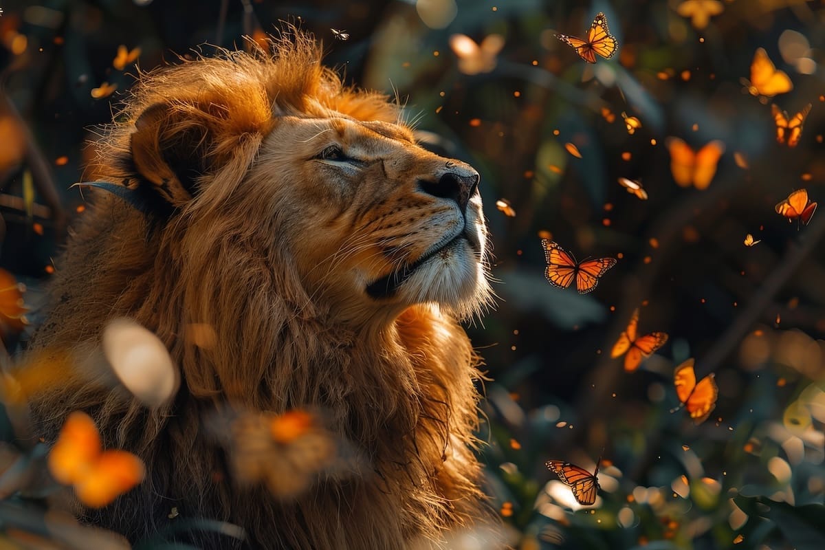 Image of a lion with butterflies