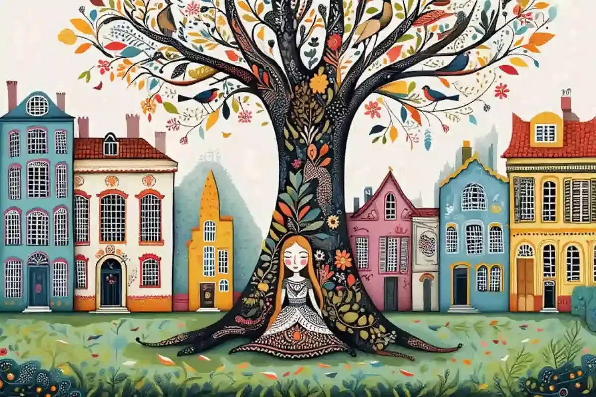 Femme pratiquant la sylvothérapie au pied d'un arbre en pleine ville