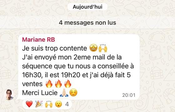 Message de Mariane annonçant cinq ventes en une soirée