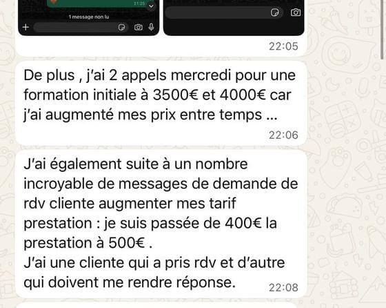 Message d'une cliente ayant augmenté ses tarifs