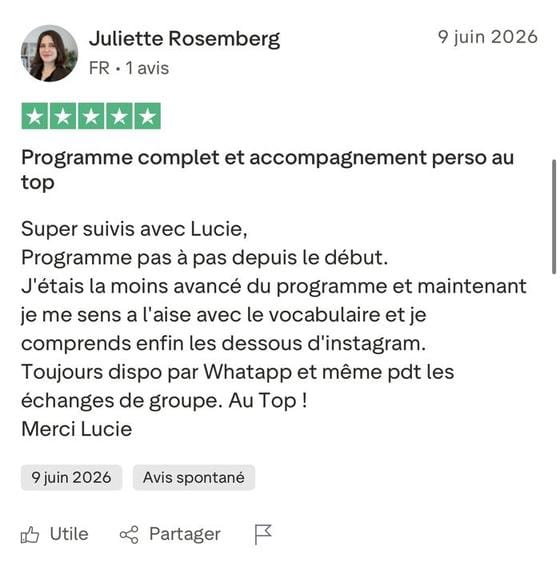 Avis Trustpilot cinq étoiles de Juliette