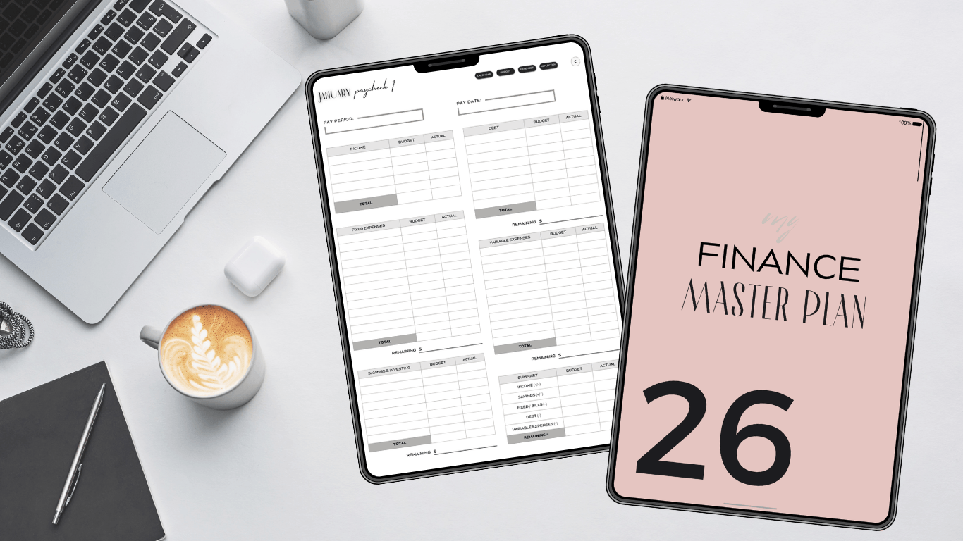Flat lay of iPad with digital planner, Apple Pencil, and perfume on cozy workspace desk