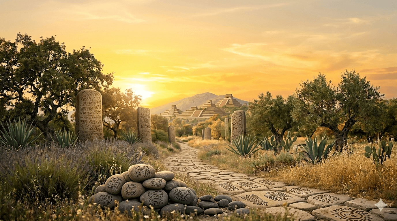 Chemin de pierres ancestral menant vers des pyramides mésoaméricaines au coucher du soleil, stèles et pierres gravées de symboles toltèques — évocation des Accords Toltèques au cœur de la méthode A.K.A.N