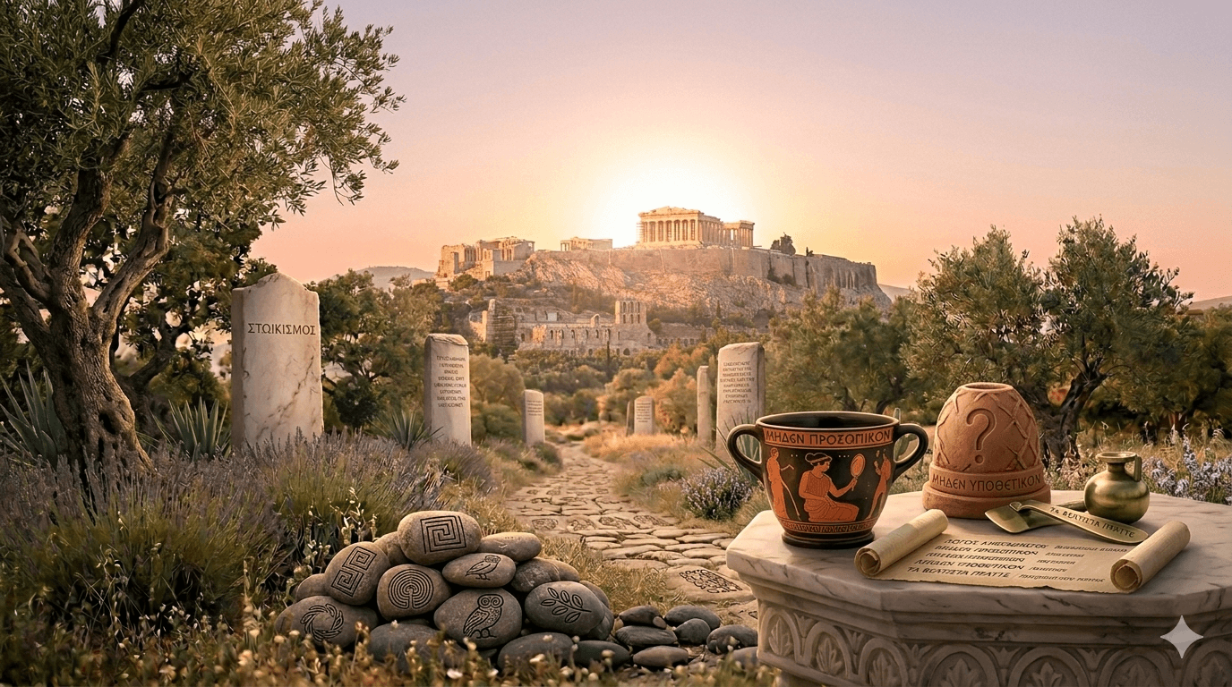 Chemin de pierres antique menant vers l'Acropole d'Athènes au lever du soleil, entouré d'oliviers et de lavande. Au premier plan, vases grecs gravés des principes des Accords Toltèques en grec ancien, pierres gravées de symboles ancestraux et parchemin stoïcien. Image symbolisant la méthode A.K.A.N. — sagesse millénaire au service de la résilience féminine
