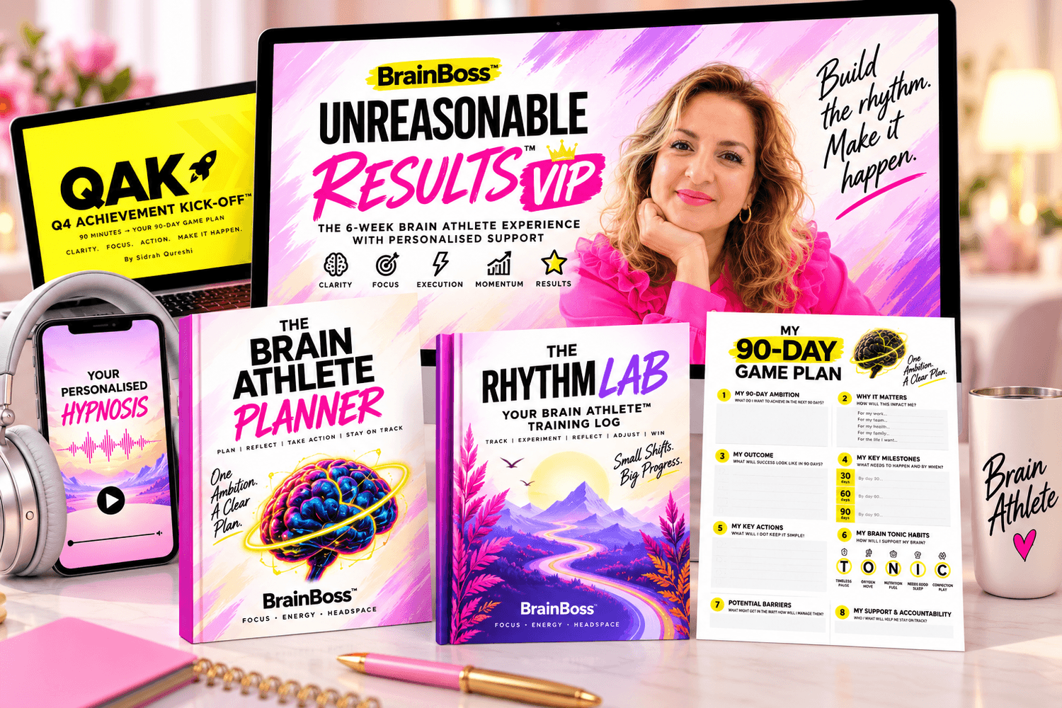 Unreasonable Results™ VIP bundle with pink VIP branding, headphones and personalised hypnosis phone graphic