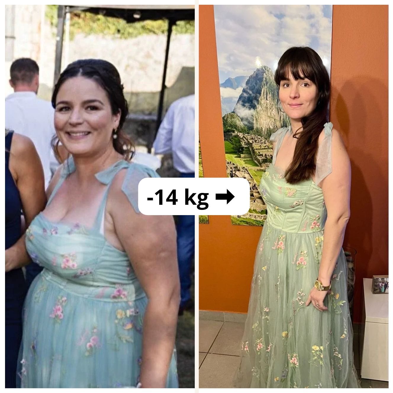 Transformation Pascal Coaching — avant / après −14 kg, robe verte