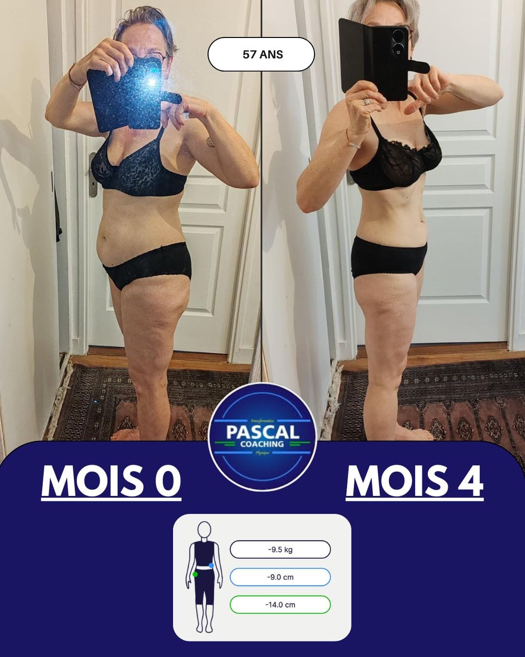 Transformation Pascal Coaching — 57 ans, mois 0 vs mois 4, −9,5 kg