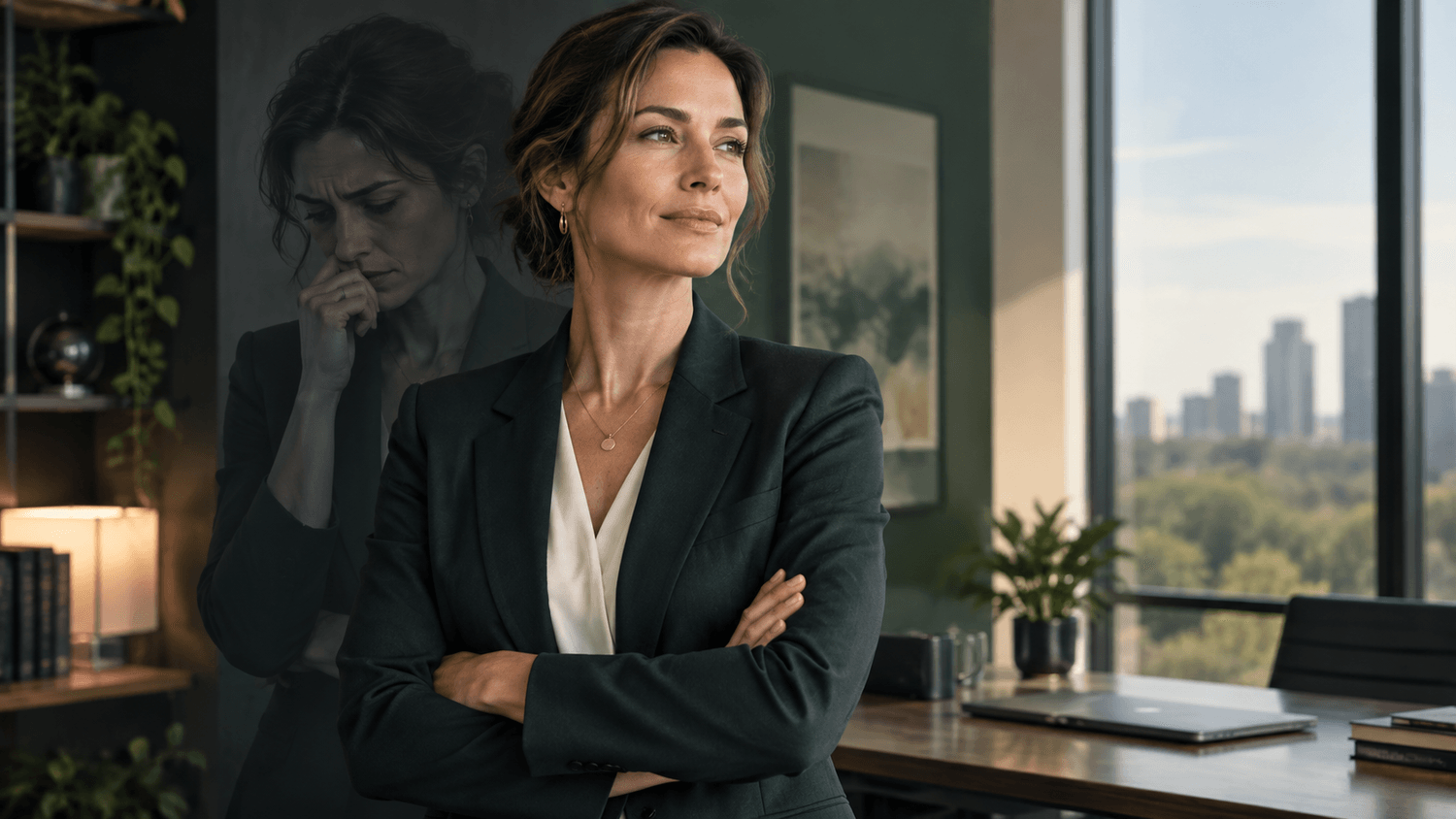 Confident leader with shadow figure behind representing impostor syndrome and leadership self-doubt