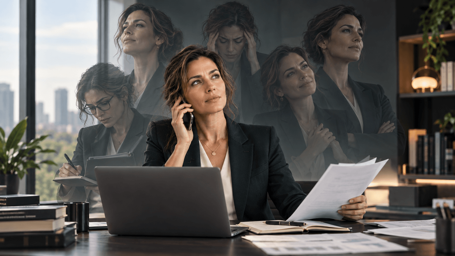 Professional leader shown in multiple identities juggling pressure, visibility and responsibility