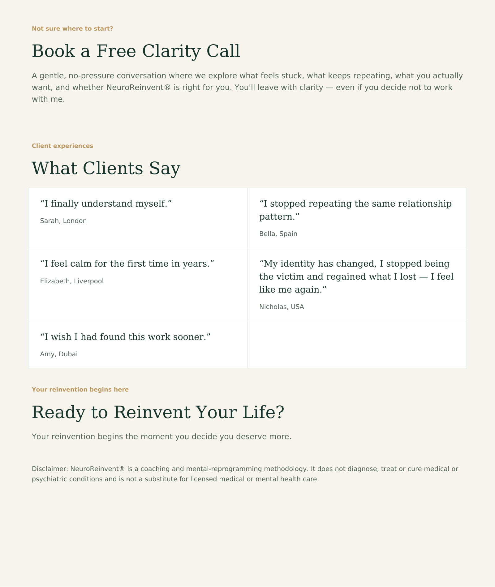 Free Clarity Call with Nidya Caro, client testimonials and invitation to start your NeuroReinvent® journey, with coaching disclaimer.